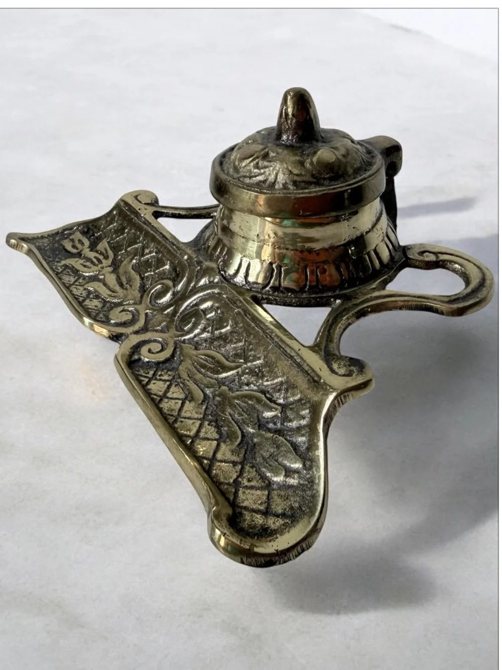 Brass Ink Well and Pen Rest - Antique-Style Brass Finish